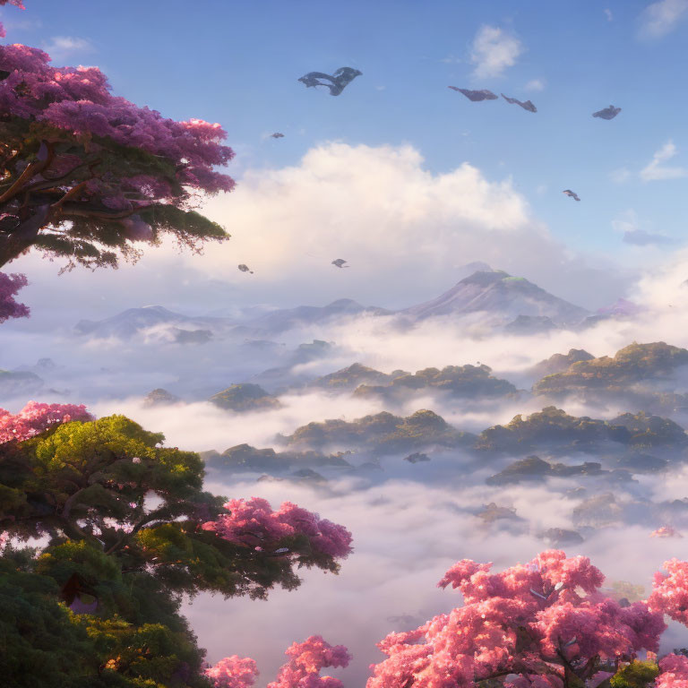 Fantasy landscape with pink blossom trees, floating islands, misty clouds, and distant mountain