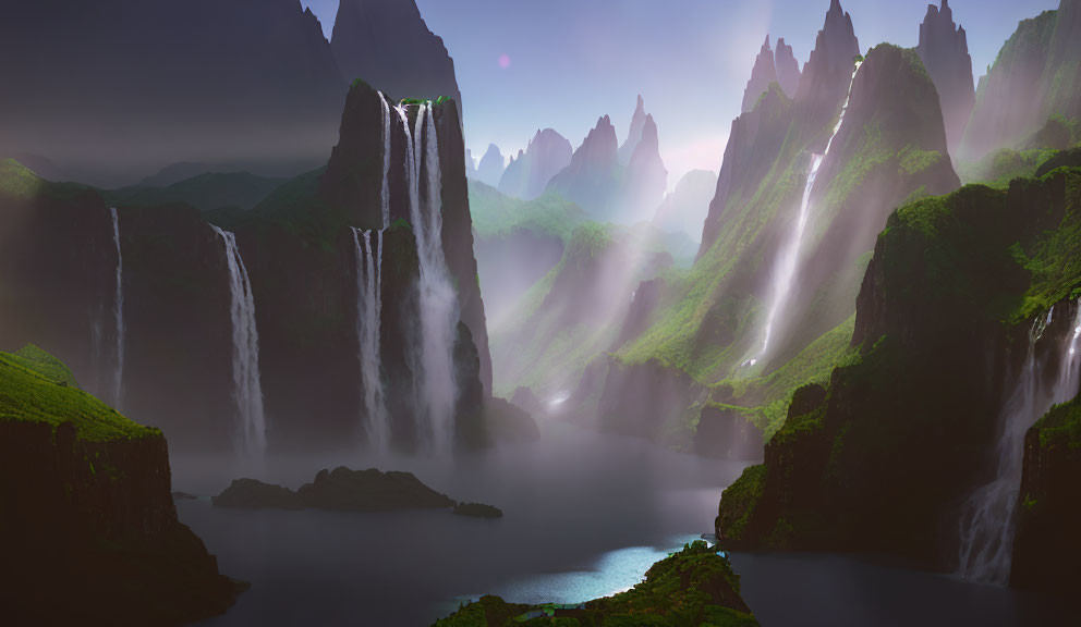 Mystical landscape with waterfalls, lake, greenery, cliffs, twilight sky