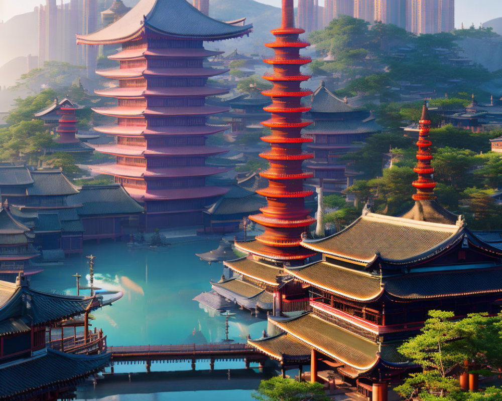 Traditional Asian cityscape with pagoda-style buildings, blue waters, greenery, and modern skyscrap