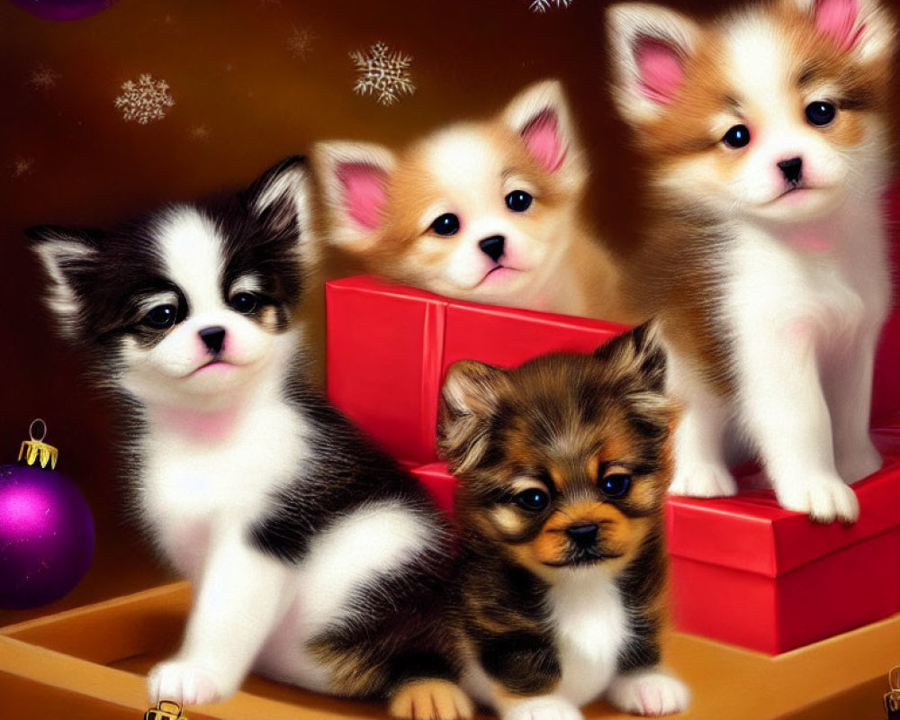 Four puppies in gift boxes surrounded by festive decorations.
