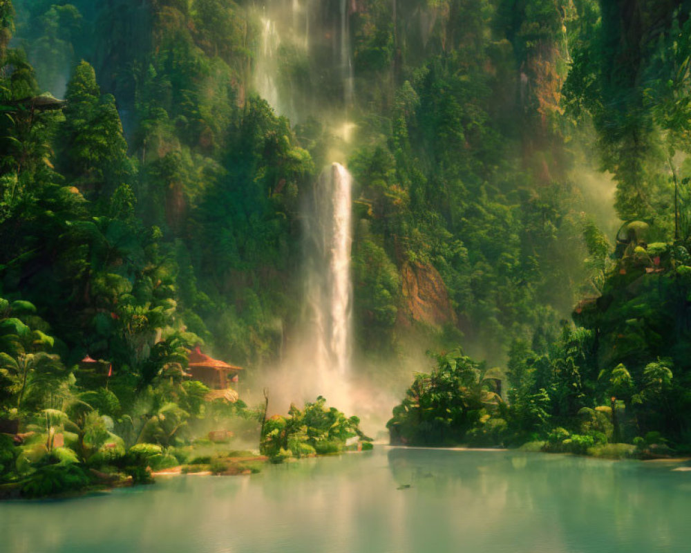 Tranquil landscape with towering waterfall and lush greenery