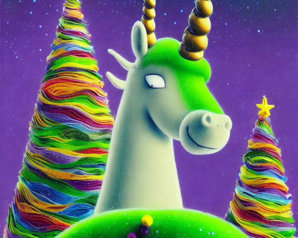 Colorful green unicorn with rainbow hair in starry night scene