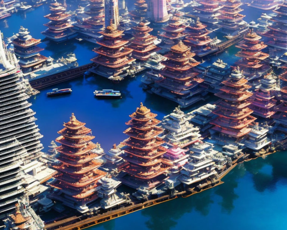 Futuristic cityscape with pagoda towers by waterway and boats