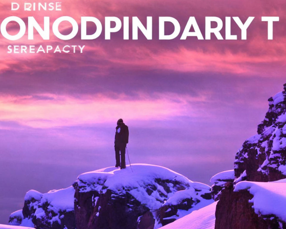 Person standing on snow-covered rocky outcrop under pink sky with text overlay