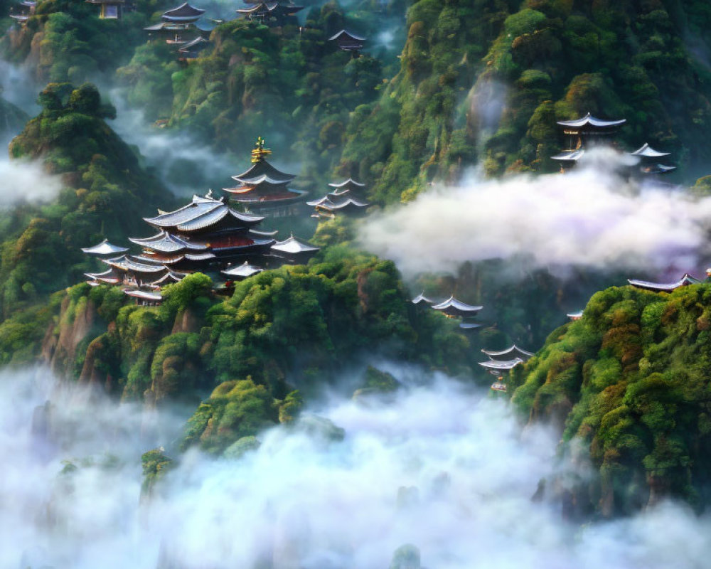 Asian-style Pagodas in Misty Mountain Landscape