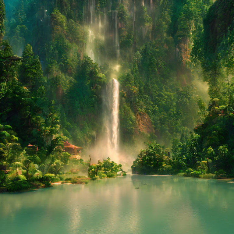 Tranquil landscape with towering waterfall and lush greenery