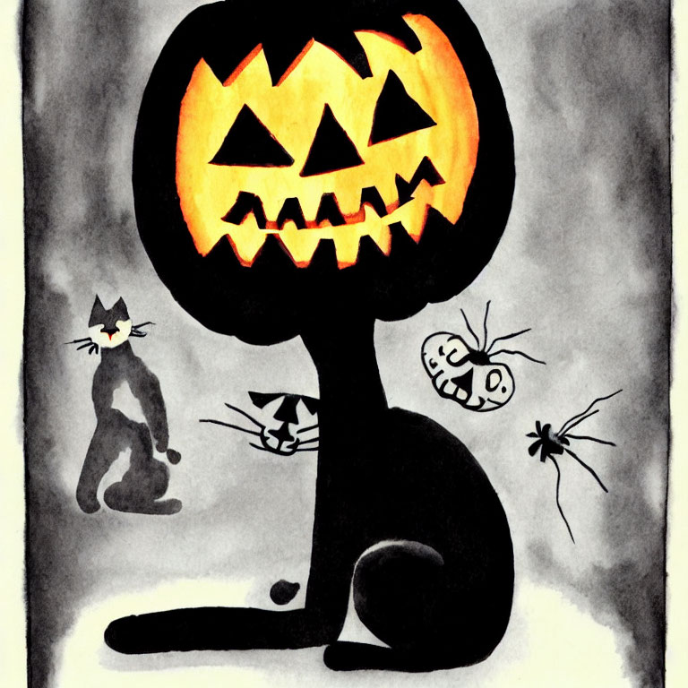 Stylized black cat with glowing jack-o'-lantern head surrounded by whimsical creatures in spooky