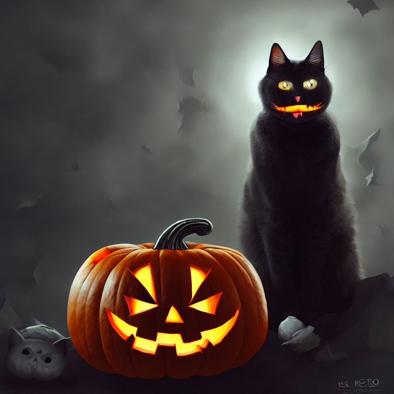 Sinister black cat and carved pumpkin with glowing eyes
