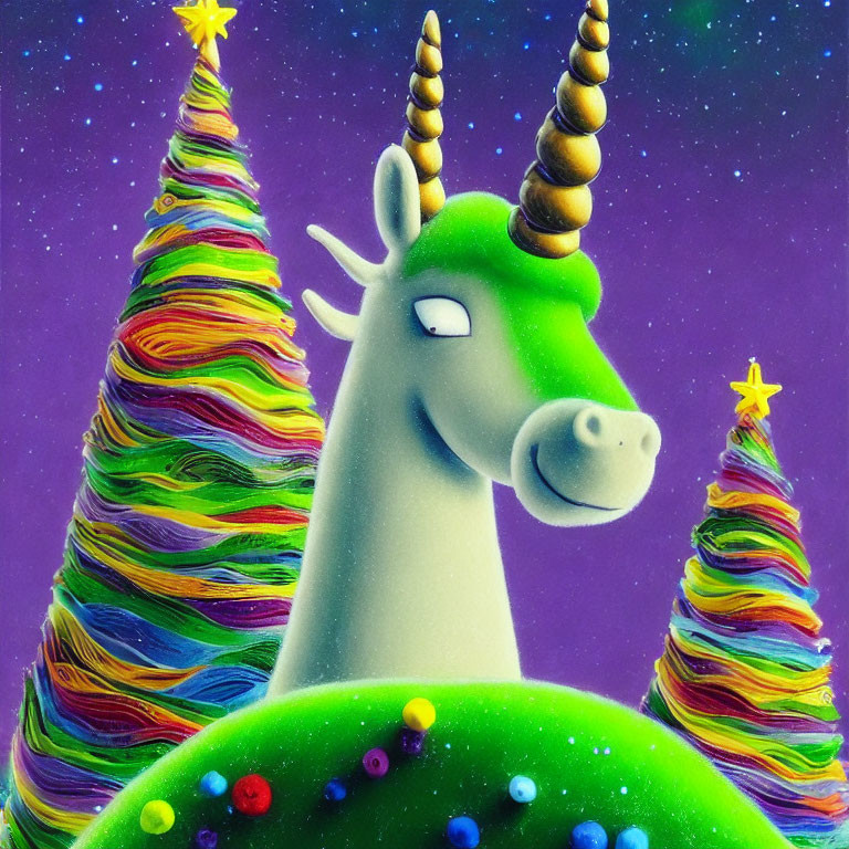 Colorful green unicorn with rainbow hair in starry night scene