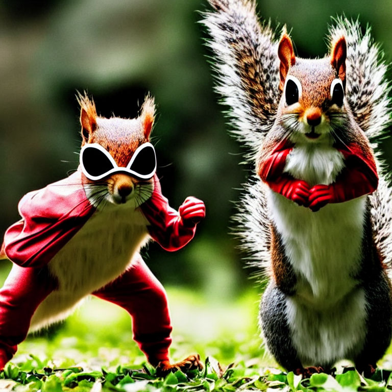 Squirrels in sunglasses and superhero costume on grass