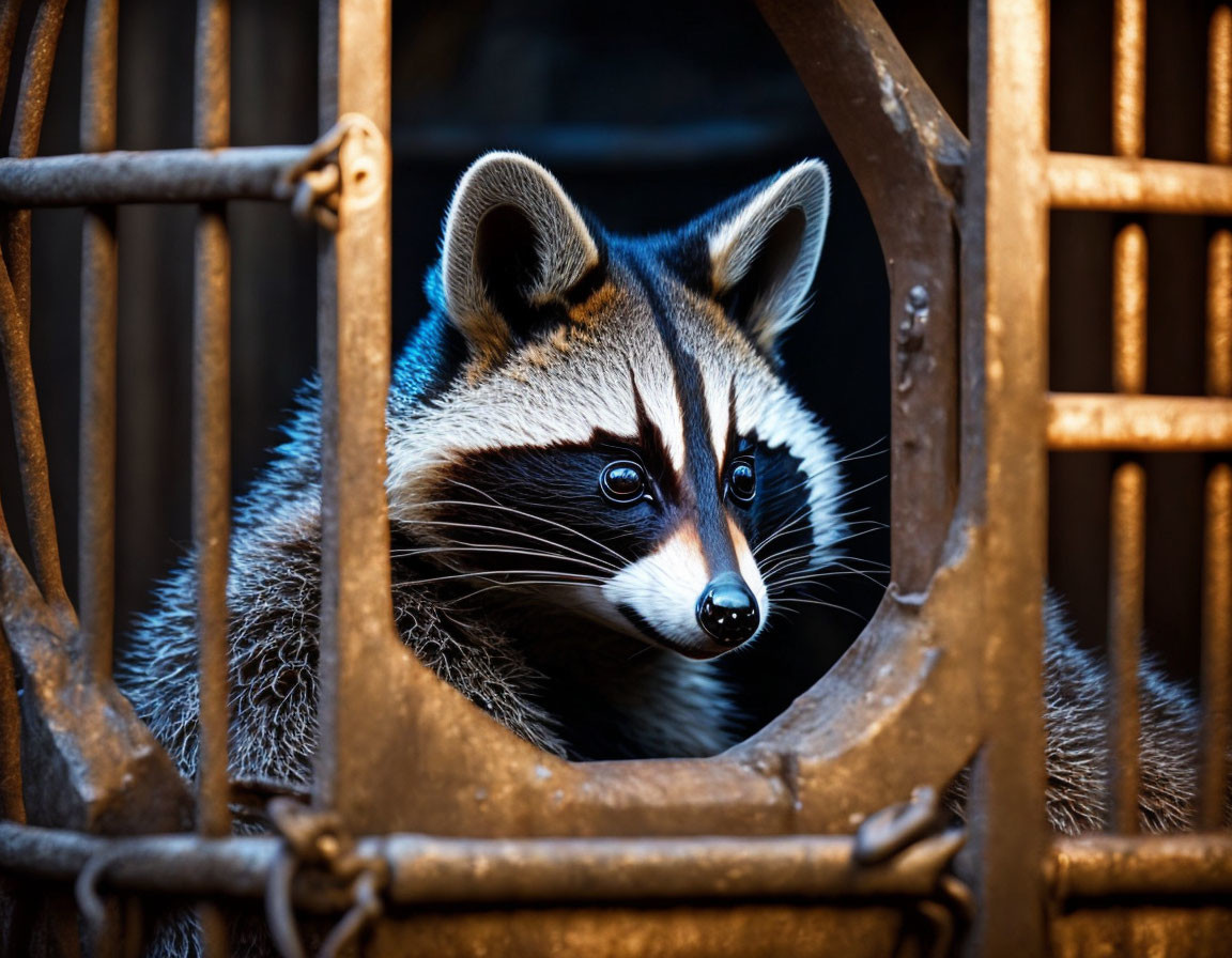 Raccoon looking through oval opening in metal enclosure
