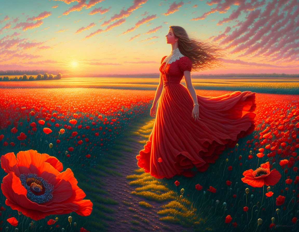 Woman in Red Dress Surrounded by Poppy Field at Sunset