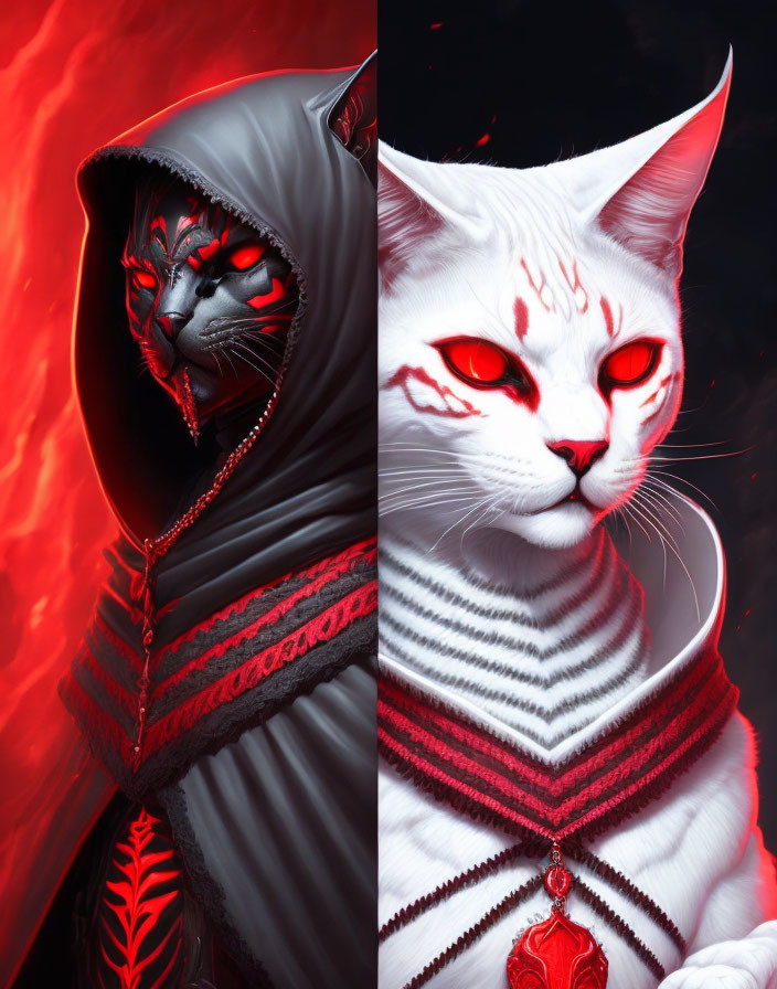 Stylized anthropomorphic cats in ornate cloaks, one dark and red, the other white