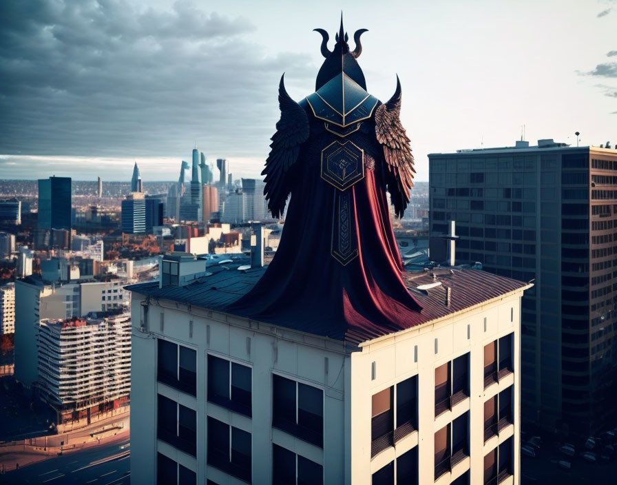 Armored winged figure statue on urban building under cloudy sky