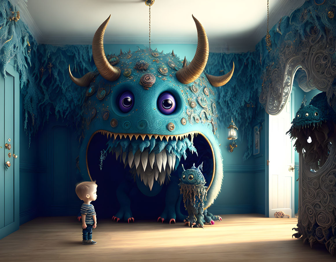 Child in Room with Colorful Whimsical Monsters