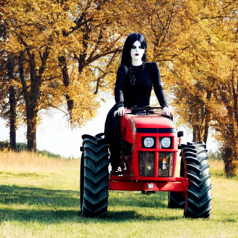 Person in black and white makeup on red tractor in field with golden-leaved trees