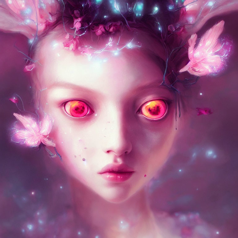 Ethereal creature with red eyes in pink blossoms and lights