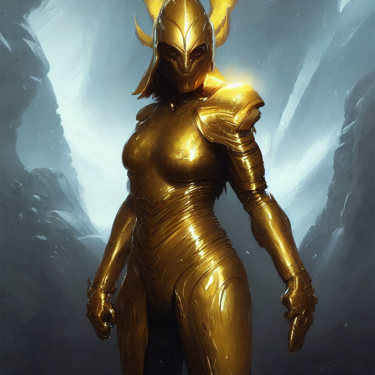 Golden-armored figure with horns in misty rocky backdrop