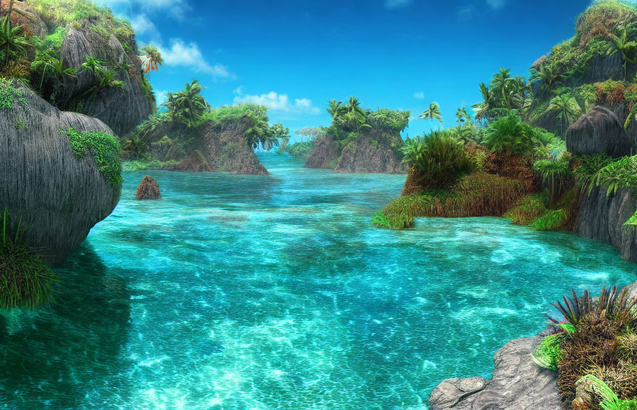 Tranquil Tropical Lagoon with Clear Blue Waters & Greenery
