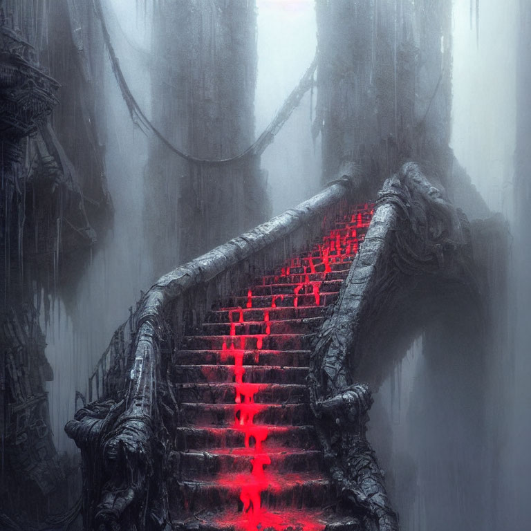 Dark atmospheric image: Ancient stairs with glowing red steps in misty industrial setting