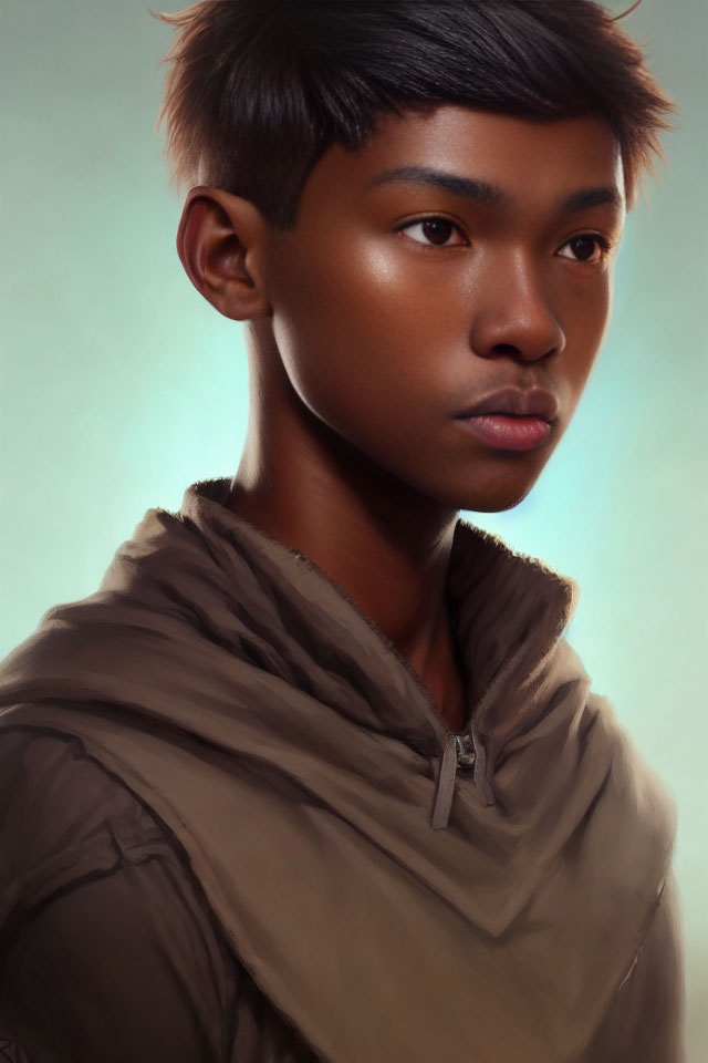 Young person in brown hooded garment with pensive expression in serene setting