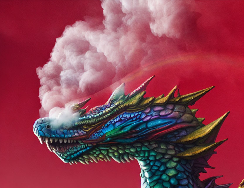 Colorful Dragon Exhaling Smoke in Rainbow Sky