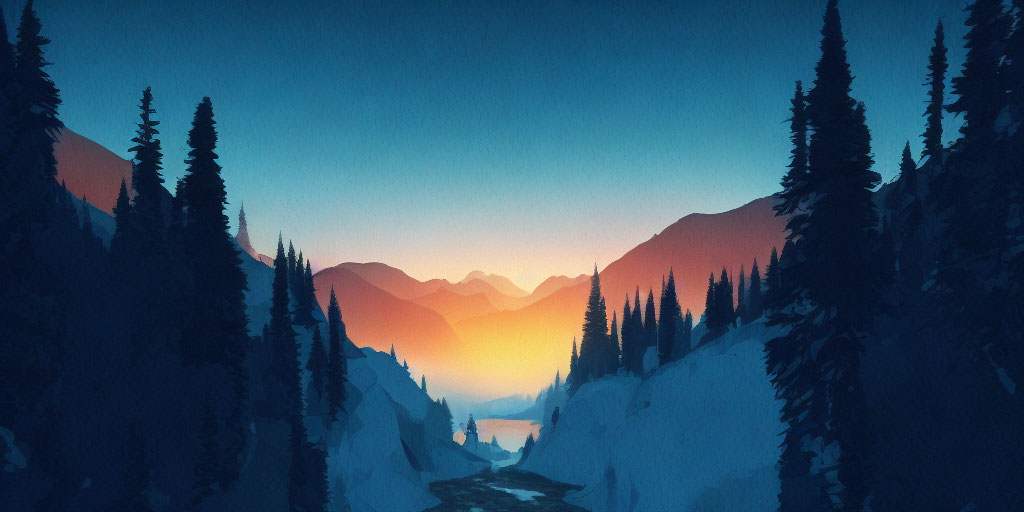 Digital art scene: Sun setting over mountains, river valley, pine trees, blue sky gradient