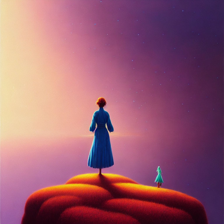 Woman and child on vibrant orange hill under purple starry sky