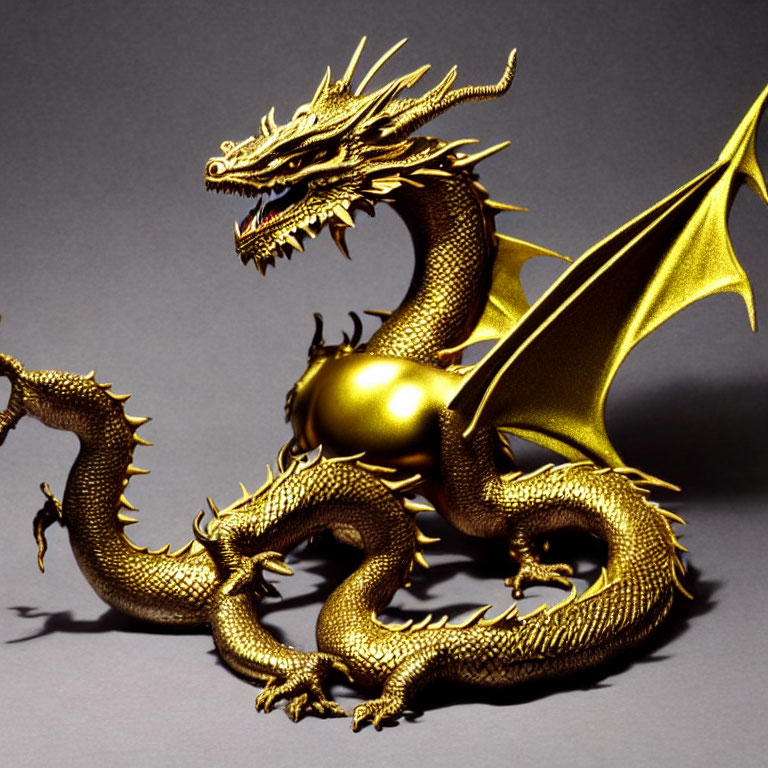 Intricate Golden Dragon Figurine on Grey Background