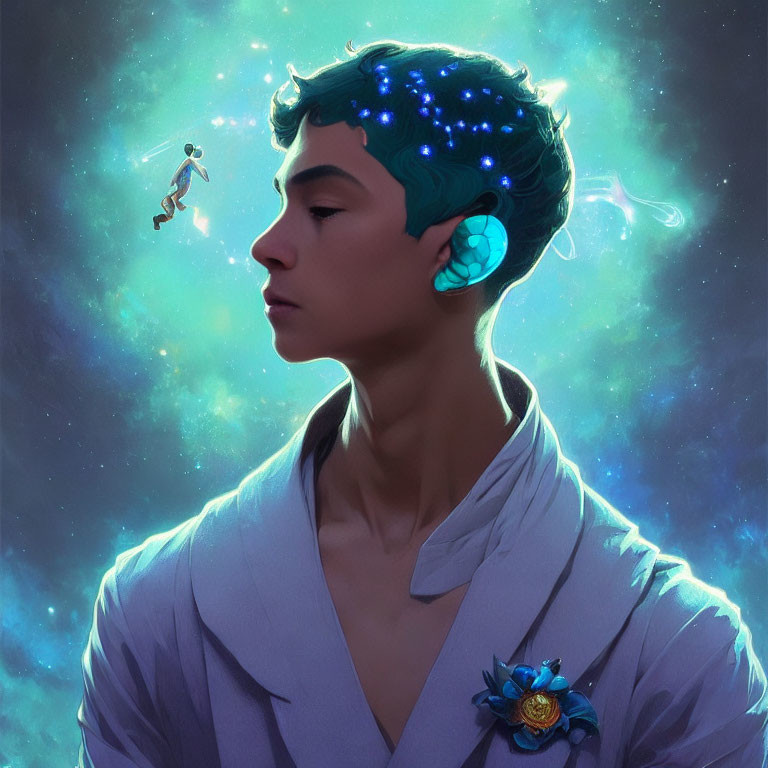Blue-haired person in traditional attire with glowing elements on cosmic backdrop with floating astronaut