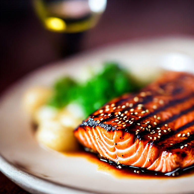Fresh Grilled Salmon Fillet with Sesame Seeds on White Plate