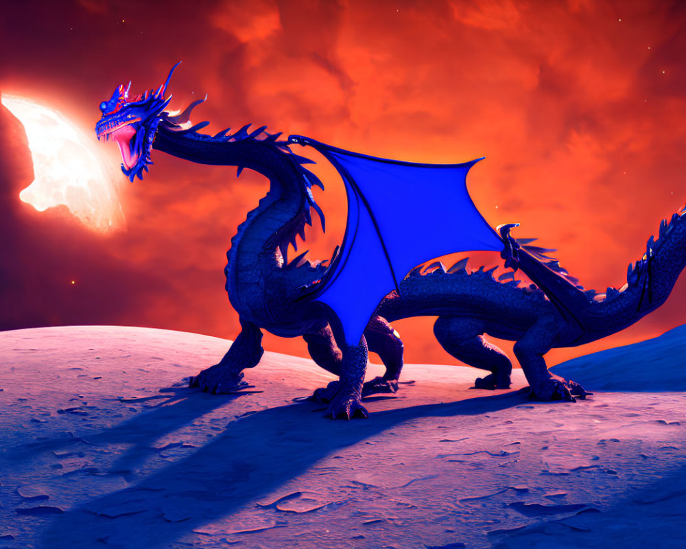 Blue dragon breathing fire under red sky with celestial body