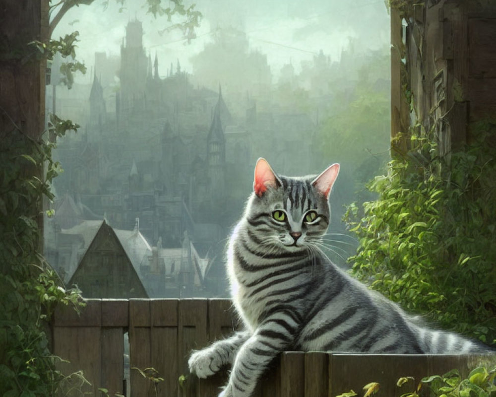 Striped Cat Lounging on Fence with Enchanting Misty Cityscape