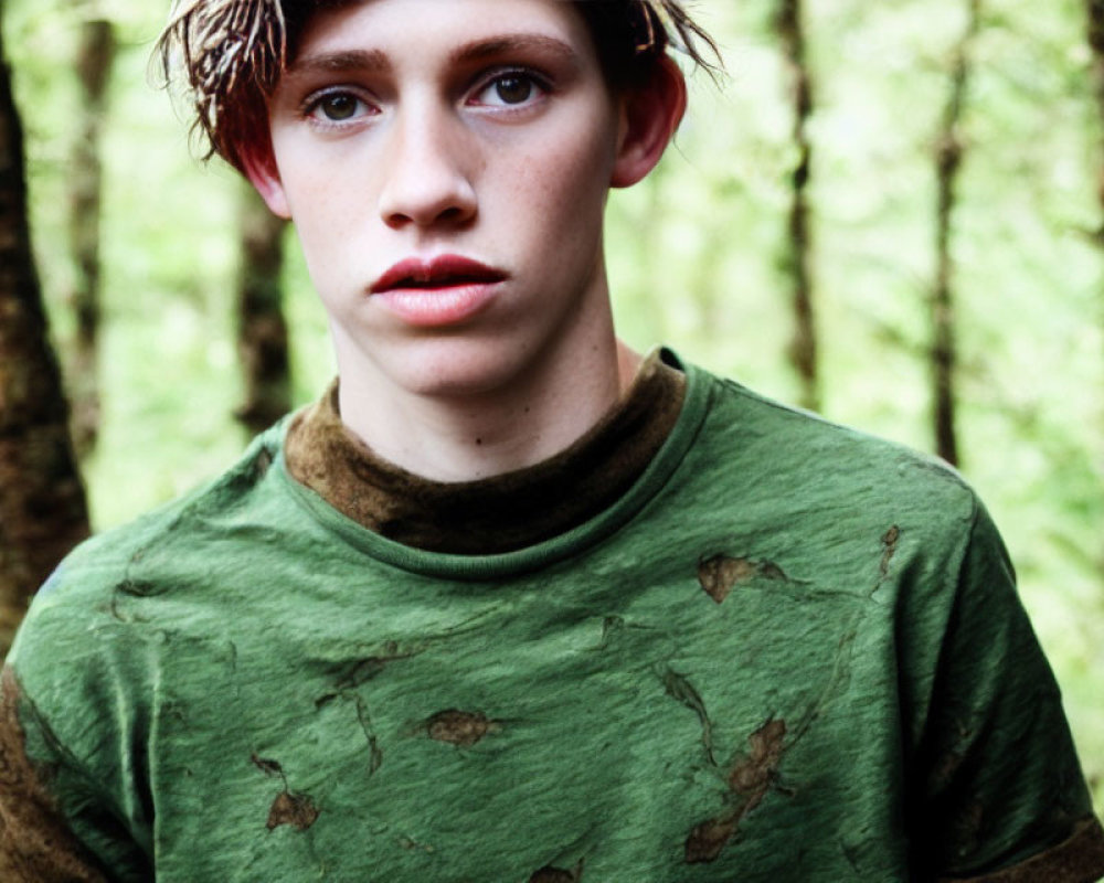 Young person with messy hair in green t-shirt in forest setting