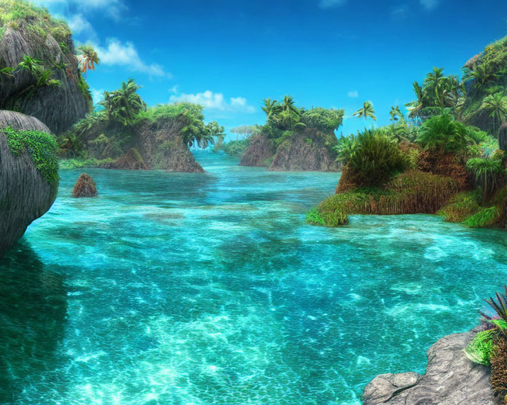 Tranquil Tropical Lagoon with Clear Blue Waters & Greenery