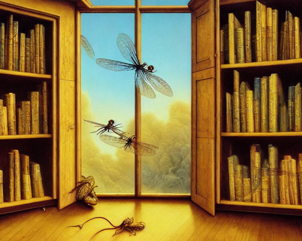 Illustration of Wooden Library with Dragonflies, Lizard, and Books
