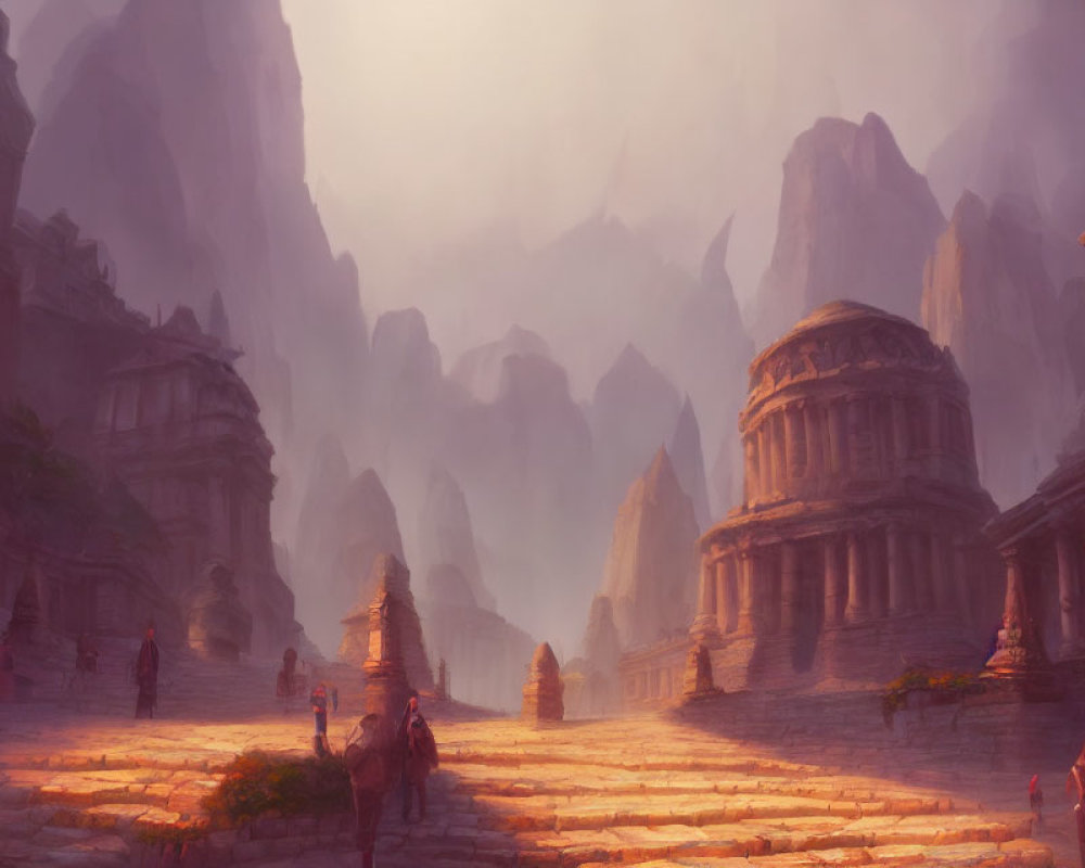 Ancient city with towering stone structures and misty mountains.