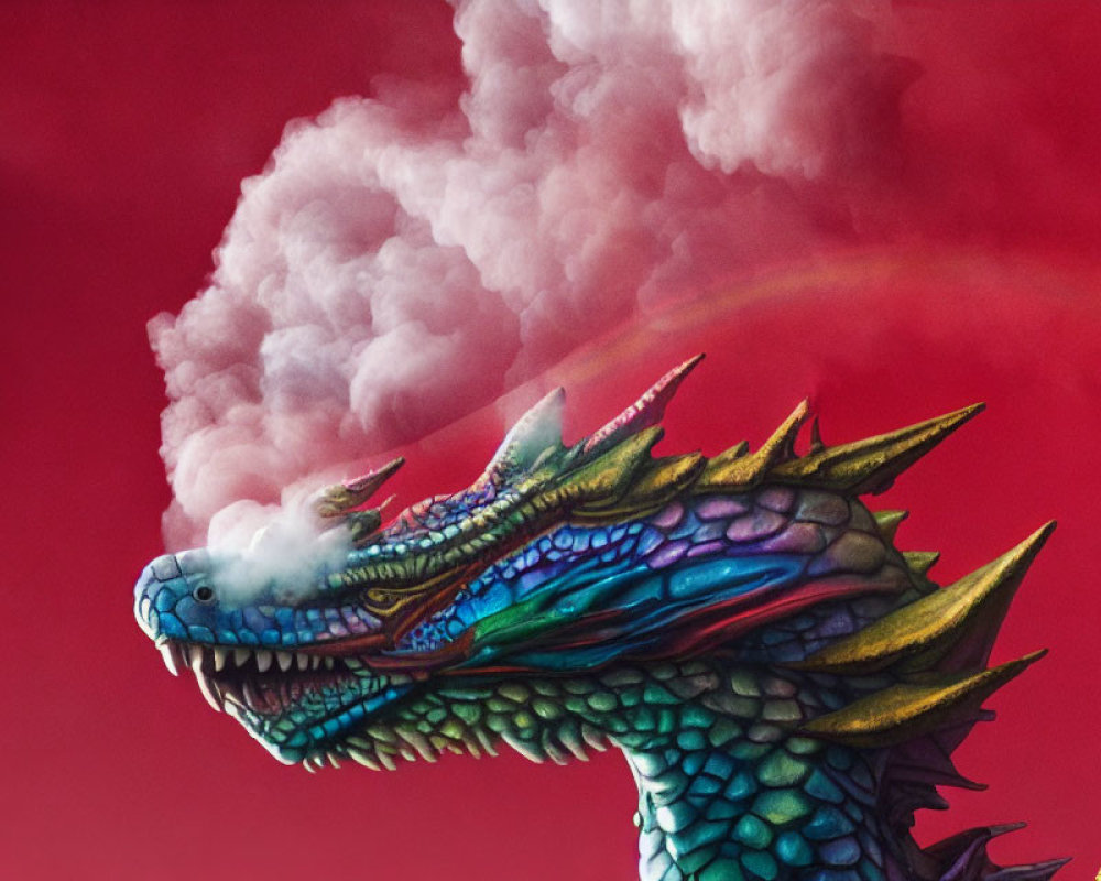 Colorful Dragon Exhaling Smoke in Rainbow Sky