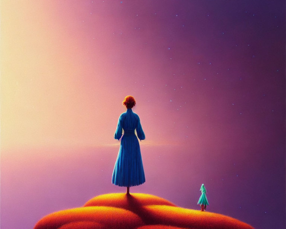 Woman and child on vibrant orange hill under purple starry sky