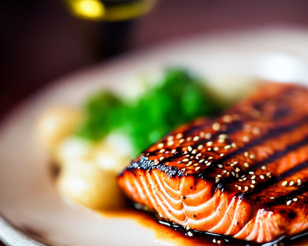 Fresh Grilled Salmon Fillet with Sesame Seeds on White Plate