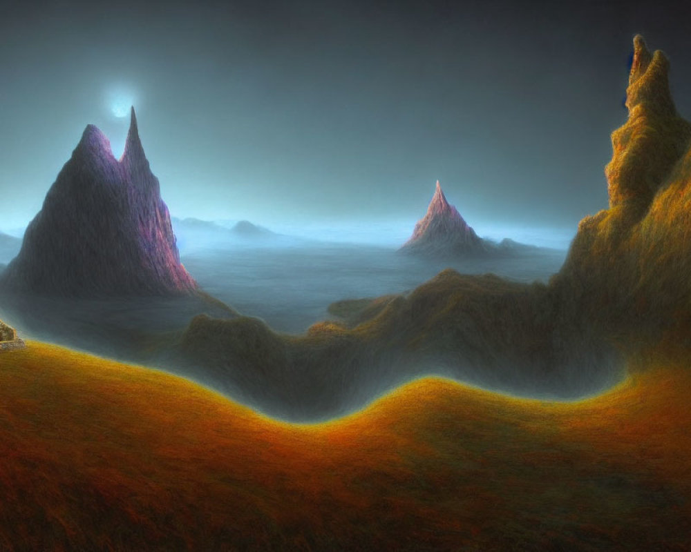 Surreal landscape with luminous edges, undulating hills, three peaks, twilight sky.