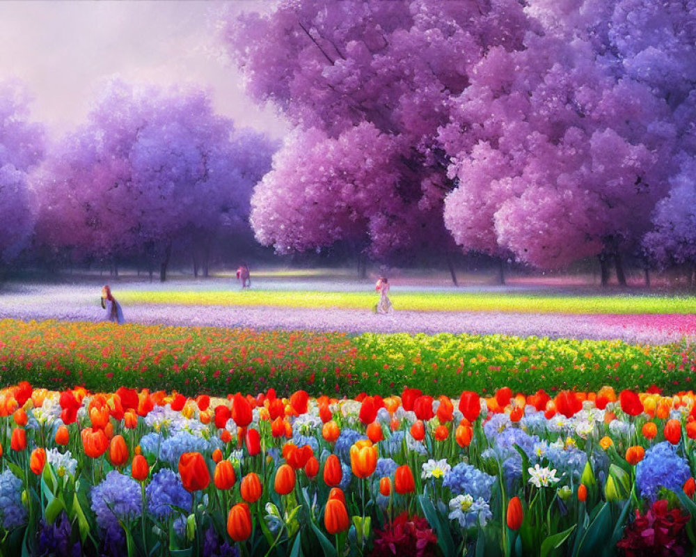 Colorful painting of tulip field and blooming trees with people walking.