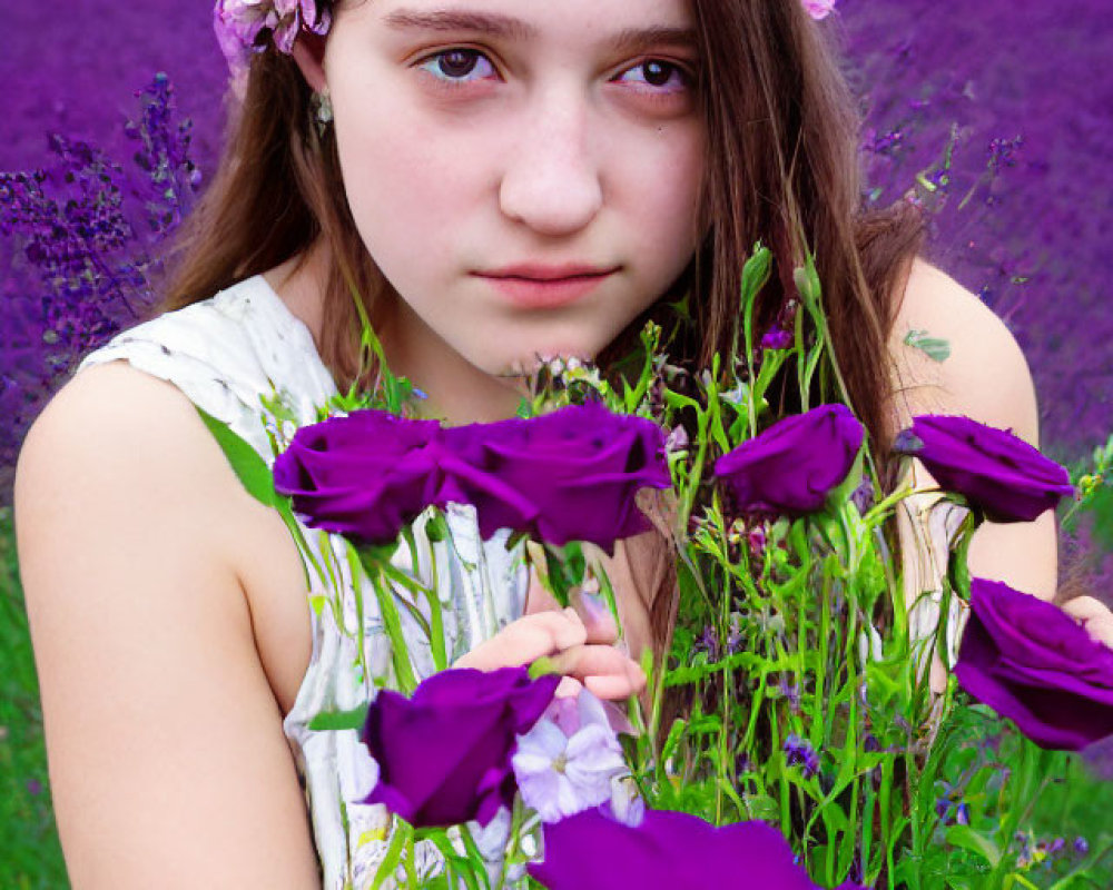 Young woman with floral crown among purple flowers, thoughtful expression