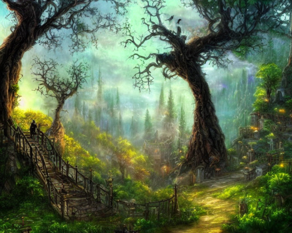 Mystical forest scene with ancient trees, figure on a bridge, hidden village, lush greenery