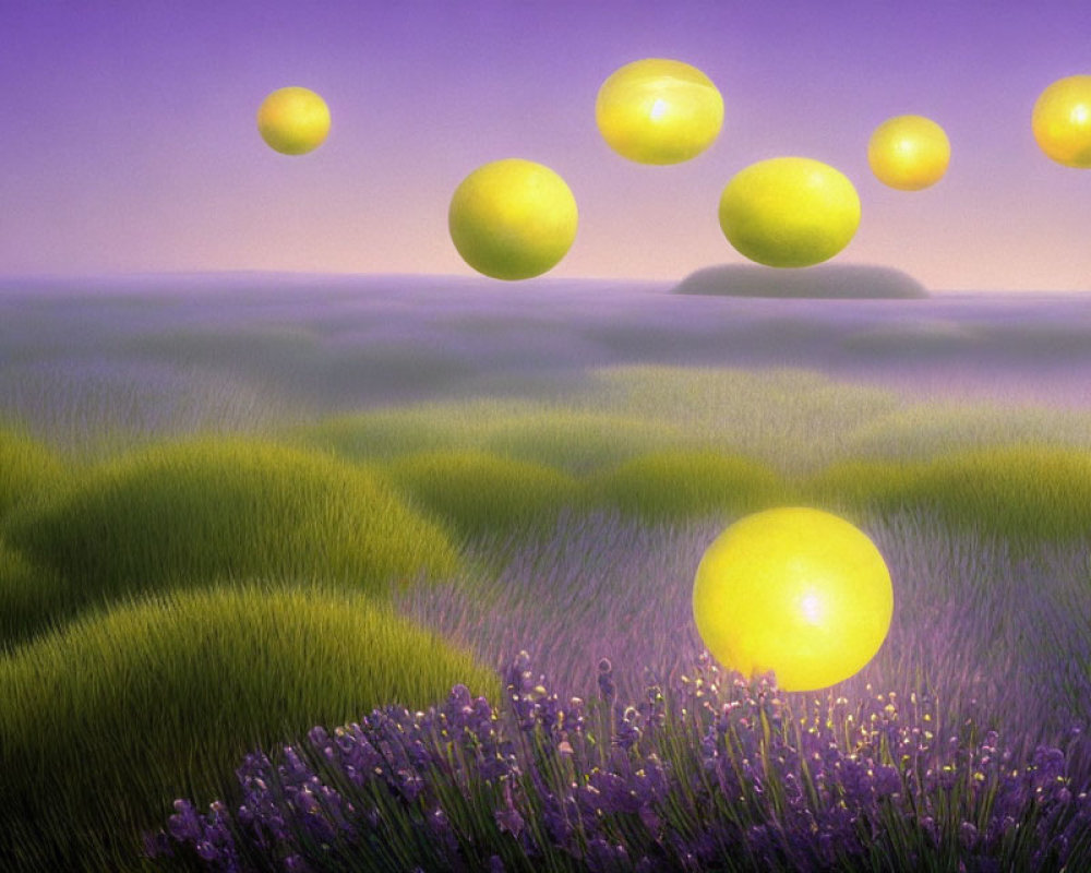 Fantastical landscape with glowing orbs, purple flowers, and green grass