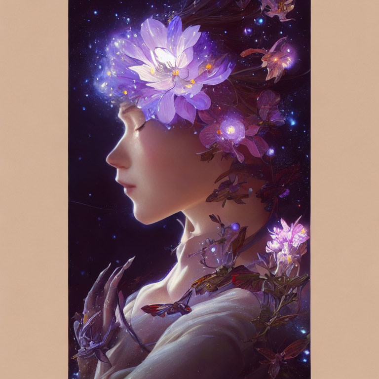 Female Figure with Flowers and Cosmic Elements in Flowing Hair against Warm Backdrop