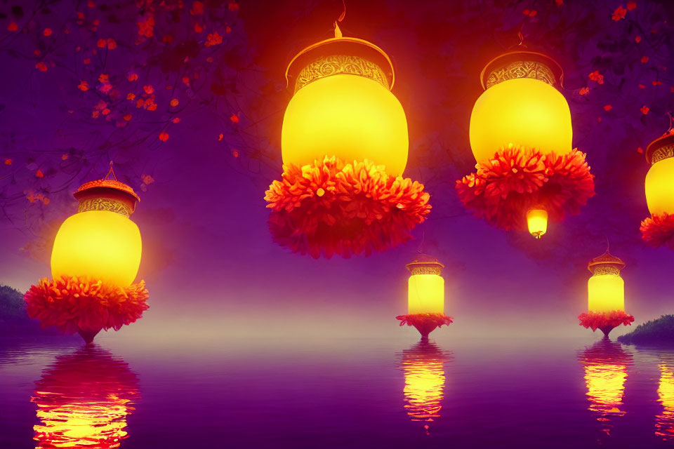 Orange flower lanterns floating on serene purple lake at twilight