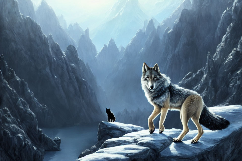 Snowy landscape with wolf and mountains in background.