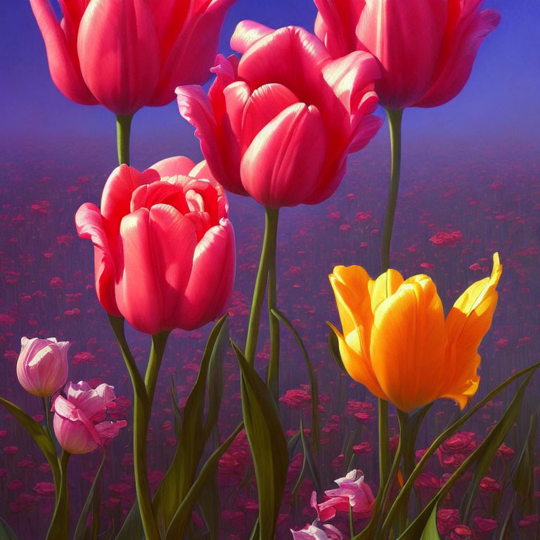 Pink and Yellow Tulips in Purple Field