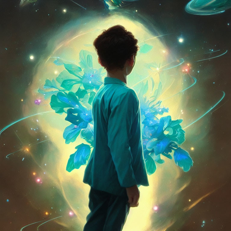 Boy admires celestial scene with glowing flowers and swirling galaxies